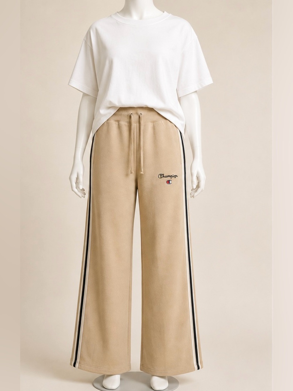 Champion Beige Wide-Leg Track Pants with Side Stripes XS NWT